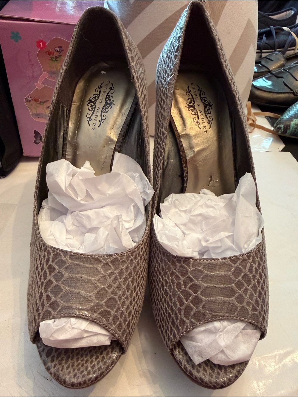 Charles Albert Taupe Snake-Embossed Peep-Toe Pumps
